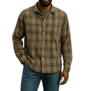 VINTAGE 90s Eldorado Reserve Mens Plaid Button Up Shirt Taupe Blue Cotton XXL